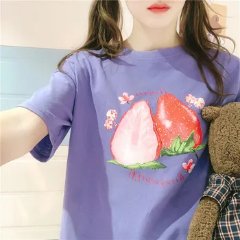 Moterų Mažų šviežių Mielas Braškių Spausdinti Spalvotų T-shirt Girls Studentų Vasaros Minkštas Sesuo Saldus puloveris Viršūnes Kolegijos stilius