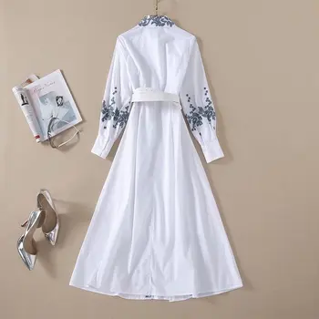 Moterims pavasario, vasaros, balta suknelė nauja 2020 ilgomis rankovėmis-line pasukite žemyn apykaklės gėlių siuvinėjimų suknelės