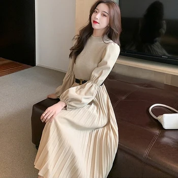 2021 Korėjos Prašmatnus Ilgomis Rankovėmis Plisuotos Suknelė Megzti Sujungimas Aukšto Juosmens Suknelės Moterims Office Lady Vestidos Feminino Drabužiai
