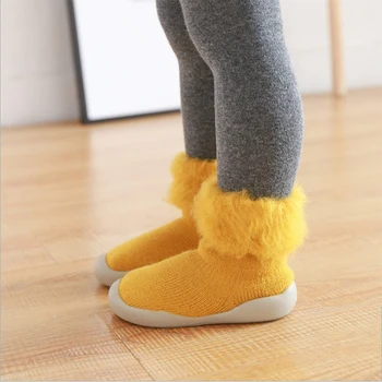 Kūdikis ne slydimo kojines berniukas, mergaitė naujagimiui žiemos aksomo Tirštėti šiltas anti slip kojinių batus su guminiais padais bamblys ilgos kojinės