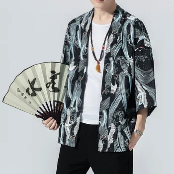 2021 Originalus Vyrų Japonijos Kimono Stiliaus Megztinis Marškinėliai Kailis Tradicinių Prarasti Spausdinimo Mados Atsitiktinis Plona Striukė Vasarą Viršutinių Drabužių Siuvimas