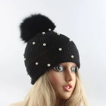 Audinės ir lapės kailio kamuolys bžūp pp pp žiemos skrybėlę moterų girl 's hat pearl vilnos megzti beanie kepurė nauja storio moteriška kepurė