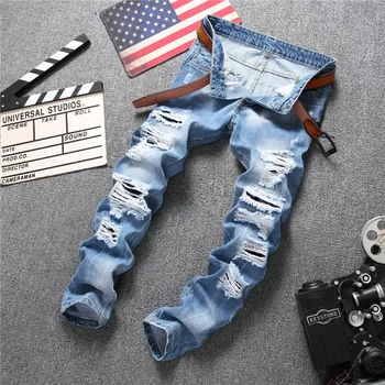 Naujas Mados 2020 m. RUDENĮ, Pavasarį Skylę Blue Jeans vyriški Kankina Liesas Dviratininkas Sunaikinta Džinsinio audinio Kelnės
