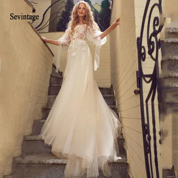 Sevintage Pusė Sluoksniuotos Rankovėmis Vestuvių Suknelė Boho 3D Gėlės Tiulio Nėrinių Nuotakos Suknelės nuo Peties Paplūdimio Vestuvių Suknelė Plius Dydis