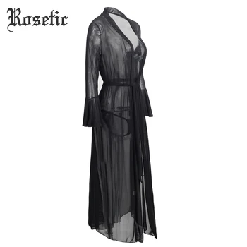 Rosetic Seksualus Gothic Black Moterų Nightgowns Lace V-Kaklo, Akių Matyti-Per Kratinys Babydoll Mados Plonas Ilgas Seksualus Nightgowns