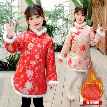 2021 Kinų Naujieji Metai Raudona Cheongsam Amžiaus 4 - 14 Metų Amžiaus Paauglės Storas Šiltas Vintage Suknelė Mygtukai Spausdinti Qipao Vaikai Frocks