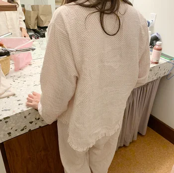 Patogus, minkštas medvilnės namų kostiumas gėlių spausdinti raukiniai moterų pižama nustatyti ilgomis rankovėmis, kelnes sleepwear krepo naktiniai drabužiai Y028