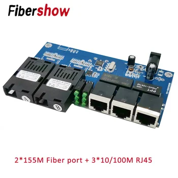 Fast Ethernet Optinio Pluošto Media Converter Vieną Režimas 3 RJ45 ir 2 PK pluošto 10/100M Uosto PCBA