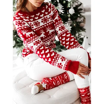 Kalėdų Suknelės moterų Mados Rudens-Žiemos Ilgos Rankovės Prarasti briedžių Ponios Kalėdų Print-line Mini Suknelė megztinis mezgimo