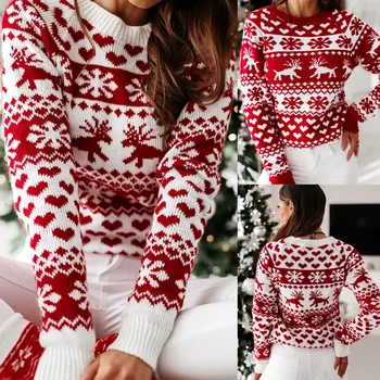 Kalėdų Suknelės moterų Mados Rudens-Žiemos Ilgos Rankovės Prarasti briedžių Ponios Kalėdų Print-line Mini Suknelė megztinis mezgimo
