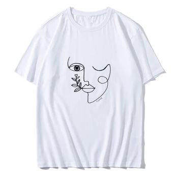 Skuggans Kūrimo Veido Line Art Marškinėliai Moterims Vasaros Atsitiktinis Viršūnes Moterų T-shirt O-kaklo Abstrakčiai Paprasta Tshirts korėjos Drabužių