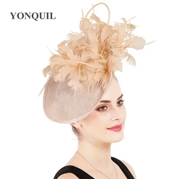 Moterys, Šampanas Plunksnų Millinery Skrybėlės Fascinators Imitacija Sinamay Derby Kepurės Nuotakos Vedęs Elegantiškas Headpieces Už Proga
