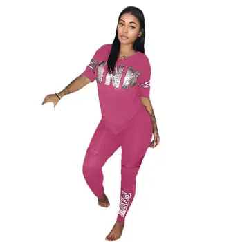 2018 Moterų Seksualus V-Kaklo trumpomis rankovėmis laišką rožinė Rinkiniai Moterų Atsitiktinis 2 vnt Antblauzdžiai t shirts Nustatyti atsitiktinis Fitneso sportiniai kostiumai