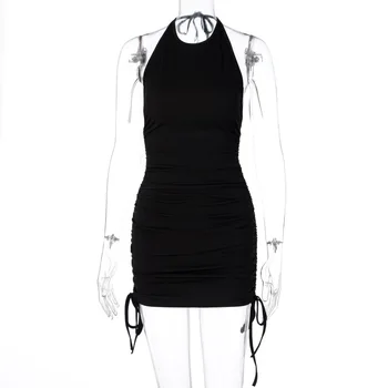 ANJAMANOR 2020 m. Rudenį Naujų Mados Seksualus Klubas Suknelės Moterims Balta Juoda Šonkaulio Mezgimo Ruched Apynasrio Backless Bodycon Mini Suknelė D70-BI25