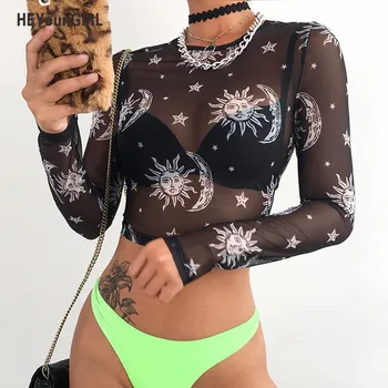 HEYounGIRL Sexy Juoda Spausdinti Marškinėlius Moterims Skaidrus Akių Ilgomis Rankovėmis Apkarpyti Viršūnes Tees Streetwear Ponios Marškinėliai Šalies Klubas 2019