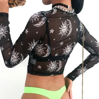 HEYounGIRL Sexy Juoda Spausdinti Marškinėlius Moterims Skaidrus Akių Ilgomis Rankovėmis Apkarpyti Viršūnes Tees Streetwear Ponios Marškinėliai Šalies Klubas 2019