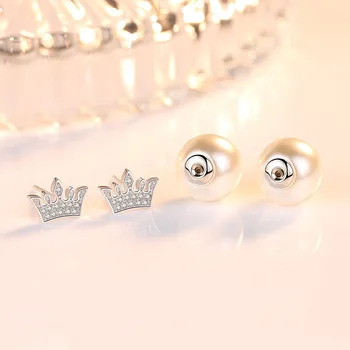 925 sterlingas sidabro mados perlų karūna crystal ponios'stud auskarai papuošalai moterų Kalėdų dovana lašas laivybos