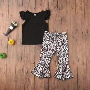 2VNT Bamblys Baby Girl Trumpas Rankovės Užsiliepsnojo Viršūnes+ Leopard Pločio Kojų Kelnės Komplektai