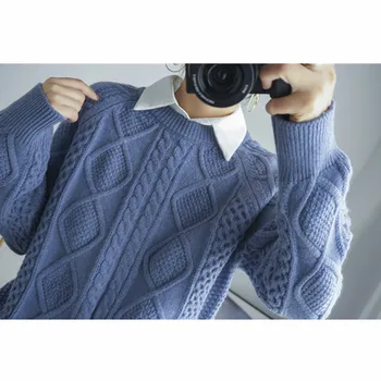 Moterų kašmyro megztinis 2019 žiemos naujas vientisos spalvos apvalios kaklo trikotažas atsitiktinis megztinis vilnos didelio dydžio megztinis geometrija