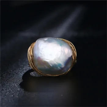 Originalus Rankų Darbo Prie Apvalių Gėlavandenių Perlų Žiedas Baroko Stiliaus, Aukso Viela Suvynioti Žiedas Prabangių Perlų Vestuvinį Žiedą, Moterims 2019