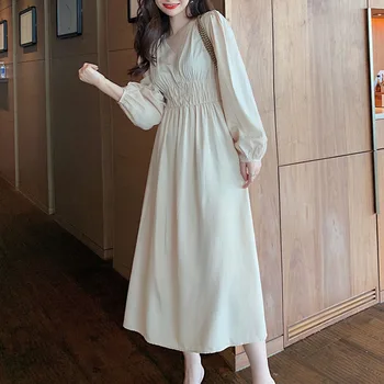 V-kaklo Suknelė Rudenį Naujų korėjiečių Japonų-stiliaus Aukšto Juosmens Lieknėjimo vientisos Spalvos Prarasti Temperamentas Plisuotos Moterų Ilgos Suknelės