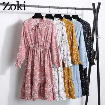 Zoki Seksualus, Bohemiškas Šifono Moterų Suknelė Vasaros Mados Elegantiškas Lankas Aukšto Juosmens Ilgomis Rankovėmis Spausdinti Gėlių Šalies Plus Size Vestidos