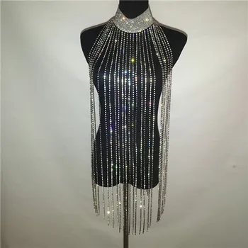Sparkly Deimantų Kutas Suknelė Seksualus Tuščiaviduriai Iš Metalo Grandinės Mini Suknelė 2020 Akį traukiantis Naktį Šalies Klubas Įstaiga Grandinės Suknelės