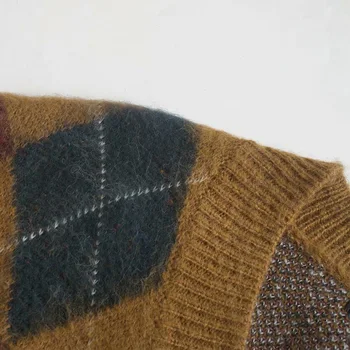 Rudenį ir žiemą moterų megztinis atsitiktinis diamond patikrinti V-kaklo megztinis be rankovių