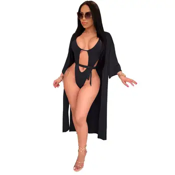 2 dalių Rinkinys Moterims Kietas Neon Bodysuit Bikini Nustatyti maudymosi Kostiumėliai ilgomis Rankovėmis Padengti Iki Cardigan Paplūdimio Maudyklos Plaukti kostiumas Moterims, Apranga
