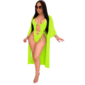 2 dalių Rinkinys Moterims Kietas Neon Bodysuit Bikini Nustatyti maudymosi Kostiumėliai ilgomis Rankovėmis Padengti Iki Cardigan Paplūdimio Maudyklos Plaukti kostiumas Moterims, Apranga