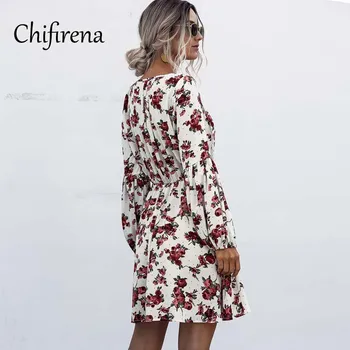 Chifirena V Kaklo Gėlių Spausdinti Moterų Suknelė Žibintų Rankovės Plisuotos Suknelės Rudenį Mini Vestidos Elegantiškas Šalis Sweet Lady Suknelė