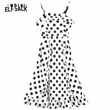 ELFSACK Balta Polka Dot Atsitiktinis Diržas Šifono Suknelė Moterų 2020 M. Vasarą ELF Juoda Vintage Rankovių korėjos Ponios Suknelės, Šaliai