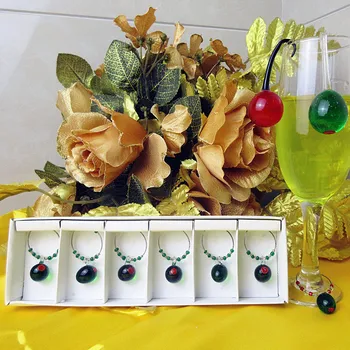 6pcs Murano ranka pūstinis stiklas širdies modelis, stalo papuošalai, žiedai, pakabukas Žymeklis vestuvių, gimtadienio Vyno stiklo pakabukai rinkiniai