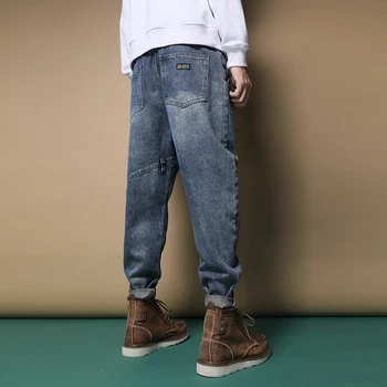 Mėlyna Baggy Jeans Vyrams Hip-Hop Prarasti Tiesiai Haremo Kelnės Streetwear Medvilnės Džinsinio Audinio Kelnės