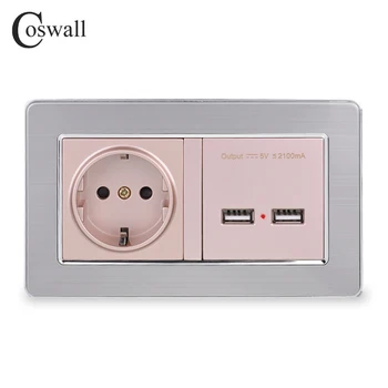 COSWALL Lizdo ES Standarto Maitinimo Lizdą Su USB Dual Smart Indukcijos Mokestis Uosto Mobiliųjų 5V 2.1 Nerūdijančio Plieno plokštė
