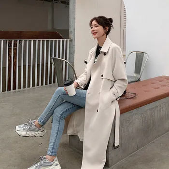 Korėjos Moterys Mados Stovėti apykaklės Ilgai Off-white Trench Coat Su diržo Prarasti Rudenį Plius Dydis Moterų kilimo ir tūpimo Tako Švarkelis, Paltai