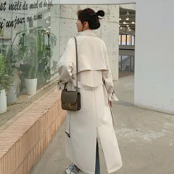 Korėjos Moterys Mados Stovėti apykaklės Ilgai Off-white Trench Coat Su diržo Prarasti Rudenį Plius Dydis Moterų kilimo ir tūpimo Tako Švarkelis, Paltai