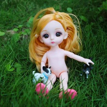 16cm Mini BJD Doll 13 Kilnojamojo Bendras Nuogas Baltos Odos Lėlės, Rudos, Mėlynos Garbanotas Plaukų Nude Girl 1/12 Kūno Suknelė Mados 