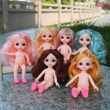 16cm Mini BJD Doll 13 Kilnojamojo Bendras Nuogas Baltos Odos Lėlės, Rudos, Mėlynos Garbanotas Plaukų Nude Girl 1/12 Kūno Suknelė Mados 