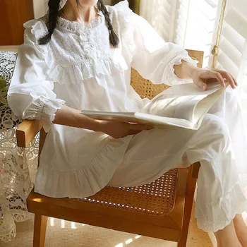 Saldus Stovėti apykaklės Dizaino Moterų Baltos Spalvos Pižama Rinkiniai Minkštos Medvilnės ilgomis Rankovėmis Sleepwear Tinka Pavasario, Rudens