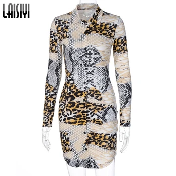 LAISIYI Gyvatė, Leopardas Spausdinimo Mygtukas Mini Suknelės Moterims ilgomis Rankovėmis Rudenį 2020 Mados Karšto Clubwear Bodycon Slim Šalis Suknelė