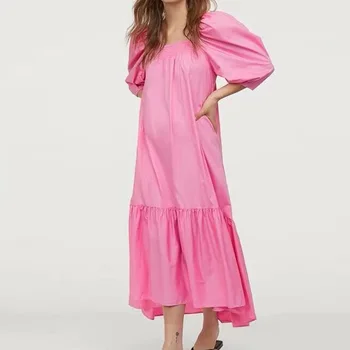 KUMSVAG 2020 m. Vasarą Moterys Kietas Vintage Suknelė Sluoksniuotos Rankovėmis Elastinga krūtinė Suknelės Moterų Elegantiškas Gatvės Prarasti Medvilnės Suknelė