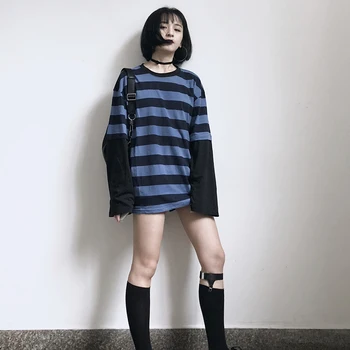 Vasaros 2019 naujų korėjos Harajuku mados ins prarasti atsitiktinis dryžuotas ilgomis rankovėmis moteriški marškinėliai topai
