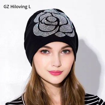 GZHilovingL Naujas Minkštas Rudens Žiemos Moterų Skrybėlės Ponios Diamond Medvilnės Slouchy Beanie Kepurė Skrybėlės Moterims Gėlių, Rožių Ilgai Beanies