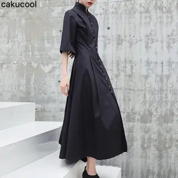 Cakucool 2019 naujas medvilnės stiliaus suknelė apdaila suknelė plonas Kinų stiliaus mažas vertikaliai apykaklės penkių rankovėmis, juodos spalvos vidutinio ilgio suknelė
