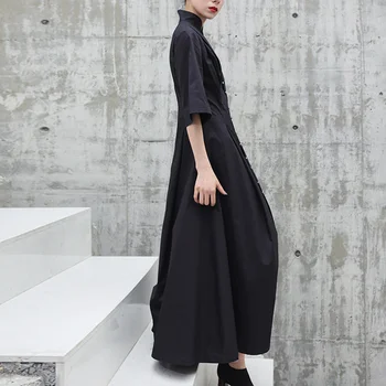 Cakucool 2019 naujas medvilnės stiliaus suknelė apdaila suknelė plonas Kinų stiliaus mažas vertikaliai apykaklės penkių rankovėmis, juodos spalvos vidutinio ilgio suknelė