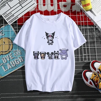 Harajuku Animacinių filmų Mielas Anime Spausdinti Balti trumpomis Rankovėmis Kuromi T-shirt Vasaros Y2k O-kaklo Saldus Mergaitė, Marškinėlius korėjos moteriški marškinėliai
