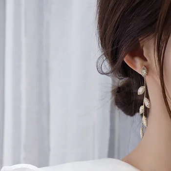14 KARATŲ tikru auksu padengtą mados papuošalų, kristalų palieka išskirtinį ilgi auskarai moteris atostogų šalis elegantiškas kviečių ausies auskarai