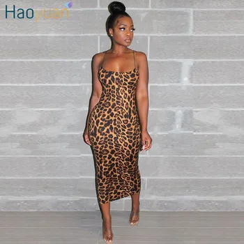 HAOYUAN Seksualus Cheetah Leopardas Spausdinti Midi Suknelė Moterims, Drabužiai Plius Dydis Vestido Elegantiškas Spageti Dirželis Bodycon Naktinis Klubas Suknelės