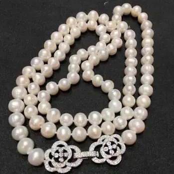 Elegantiškas vienos sruogos 9-10 mm pietų jūros baltos spalvos apvalių perlų vėrinį 35inch